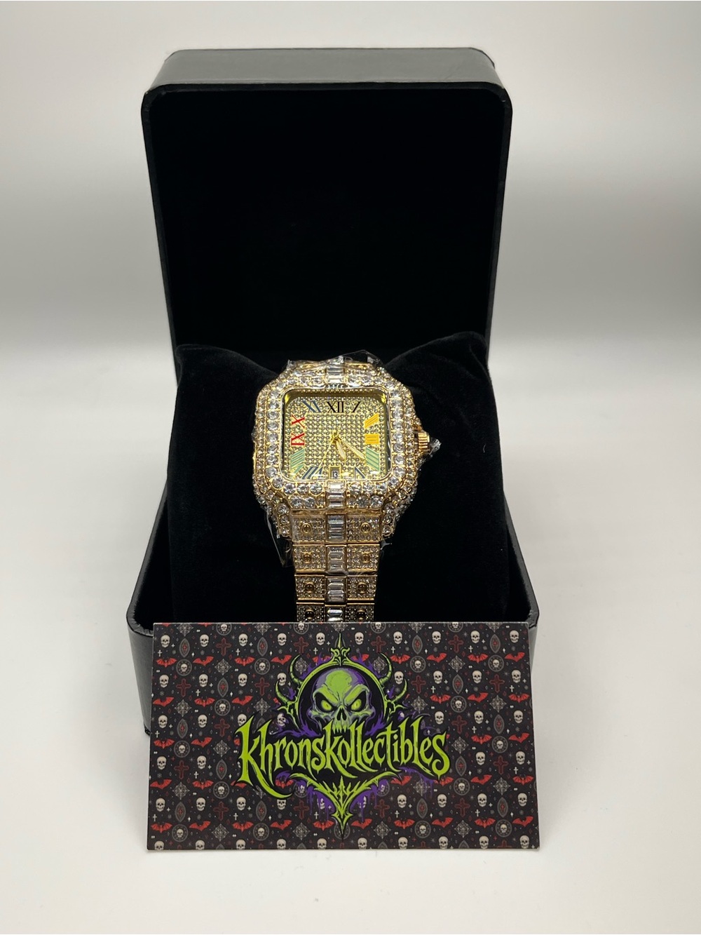 Gold Moissanite Accent Gem-Set Square Analog Wristwatch Roman Numerals w/ Box